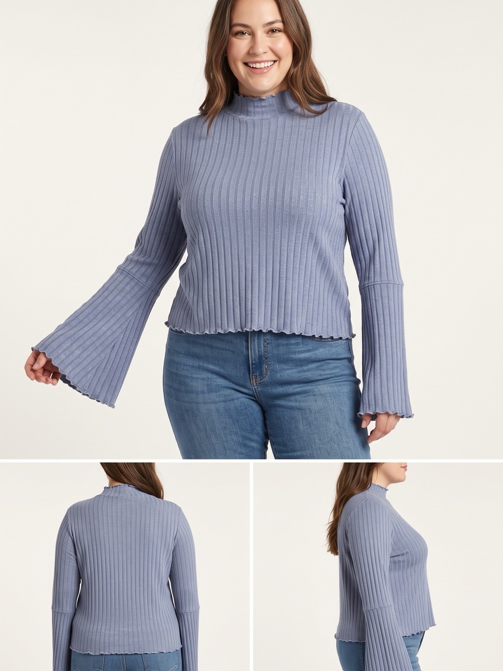 Shyanne Ribbed Mock-Neck Bell Sleeve Top in Dusty Blue